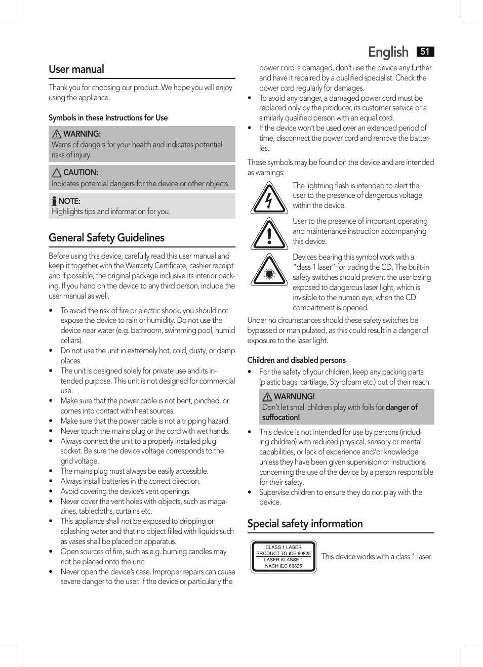 English, User manual, General safety guidelines | Special safety information | AEG MC 4457 BT User Manual | Page 51 / 62