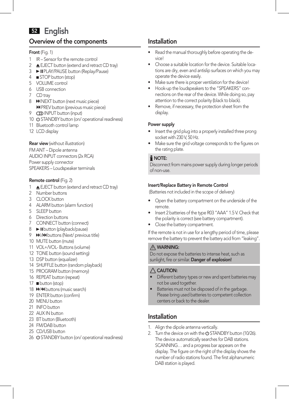 English, Overview of the components, Installation | AEG MC 4457 BT User Manual | Page 52 / 62