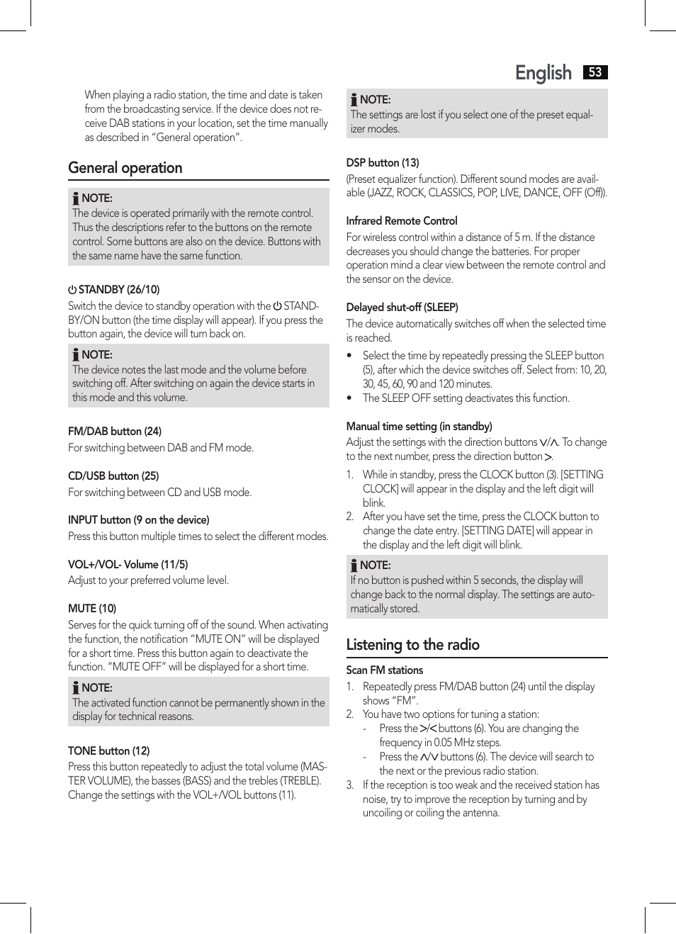 English, General operation, Listening to the radio | AEG MC 4457 BT User Manual | Page 53 / 62