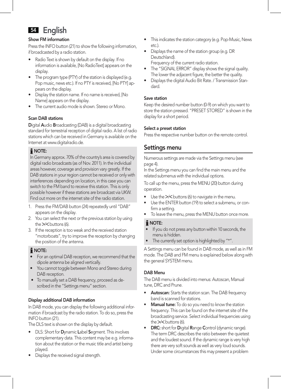 English, Settings menu | AEG MC 4457 BT User Manual | Page 54 / 62