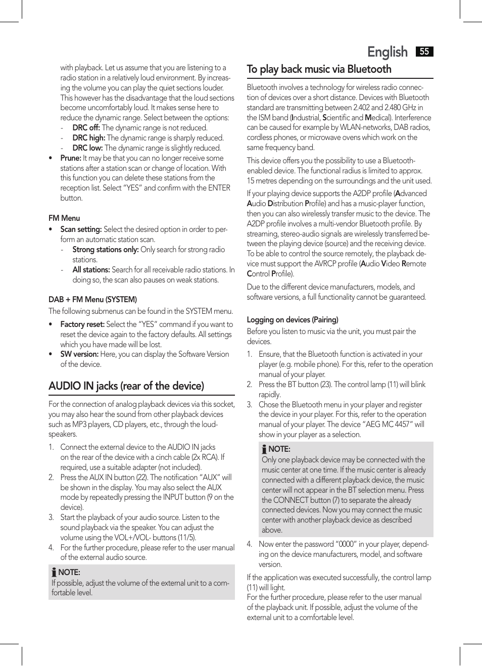 English, Audio in jacks (rear of the device) | AEG MC 4457 BT User Manual | Page 55 / 62