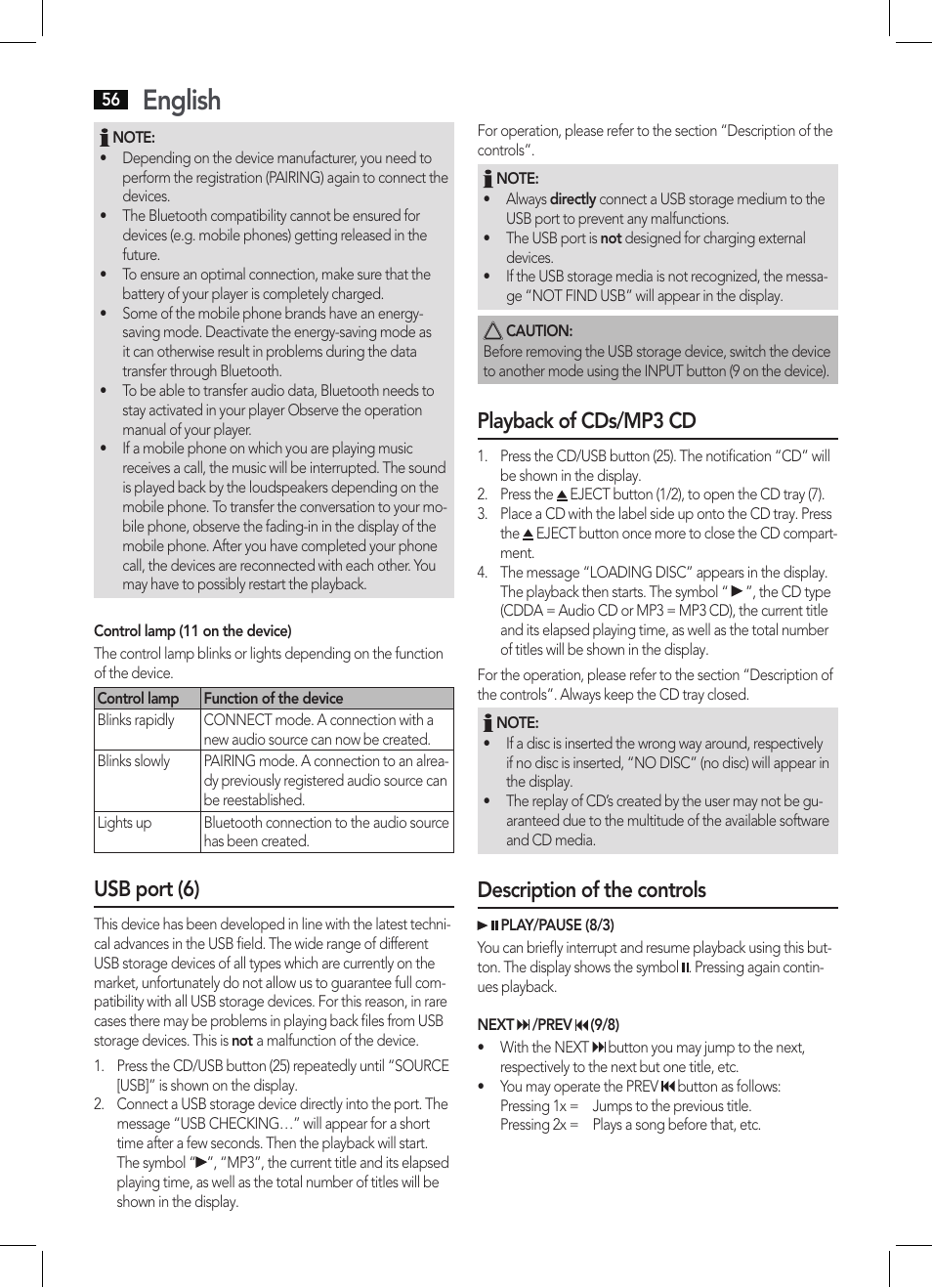 English, Usb port (6), Playback of cds/mp3 cd | Description of the controls | AEG MC 4457 BT User Manual | Page 56 / 62