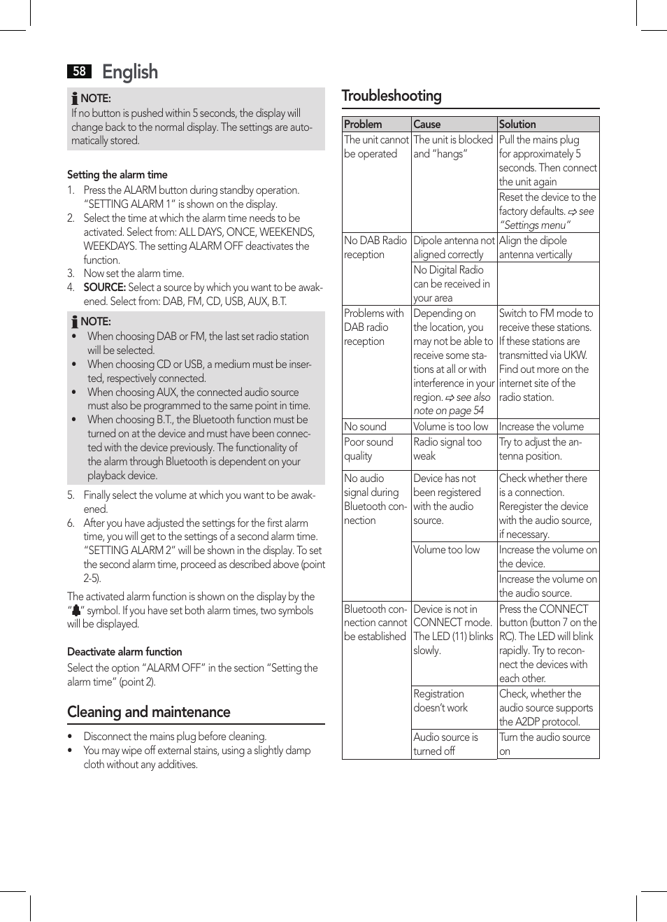 English, Cleaning and maintenance, Troubleshooting | AEG MC 4457 BT User Manual | Page 58 / 62