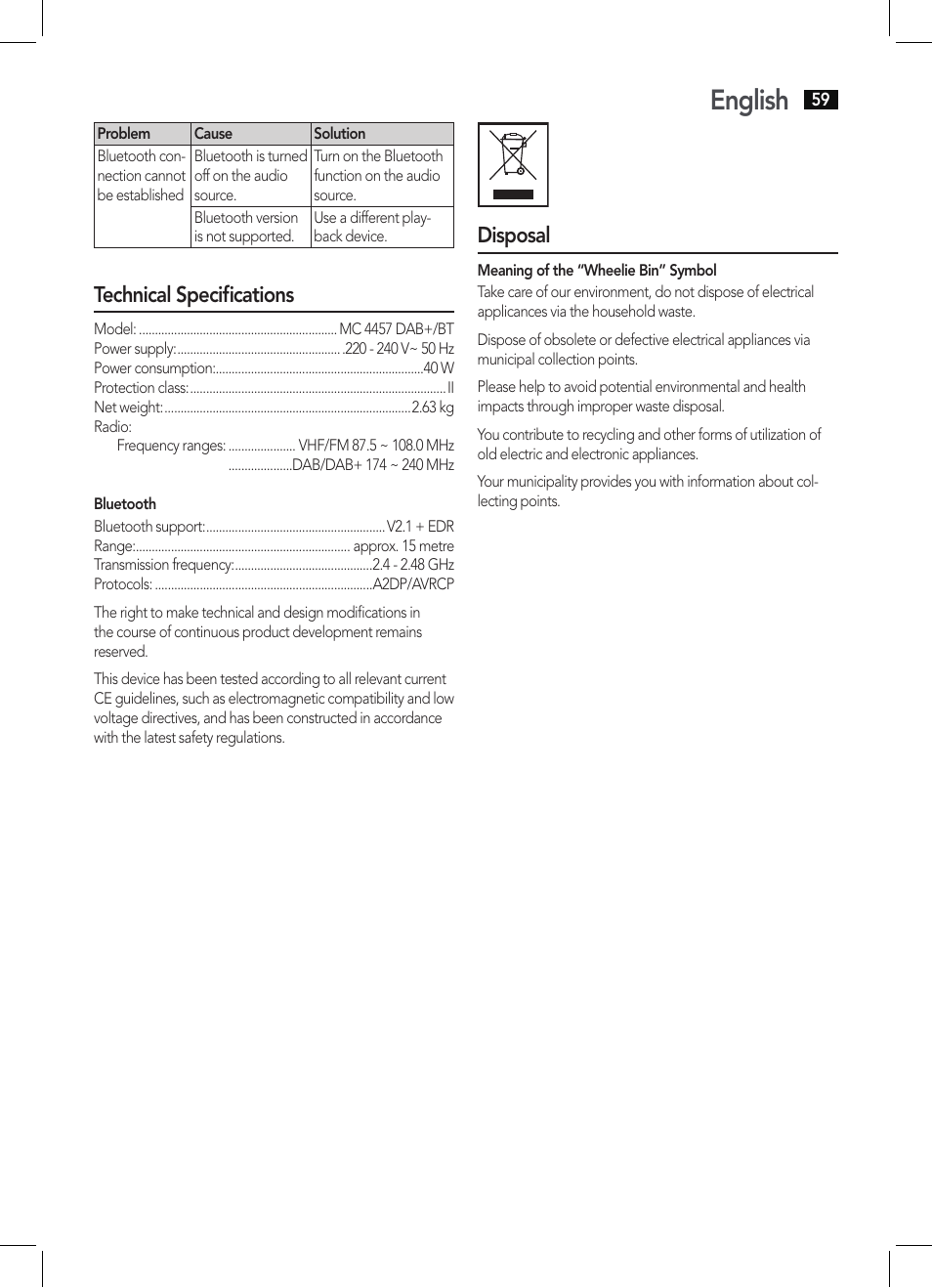 English, Technical specifications, Disposal | AEG MC 4457 BT User Manual | Page 59 / 62