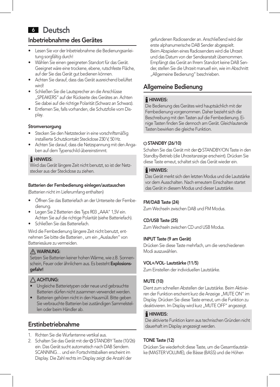 Deutsch, Inbetriebnahme des gerätes, Erstinbetriebnahme | Allgemeine bedienung | AEG MC 4457 BT User Manual | Page 6 / 62