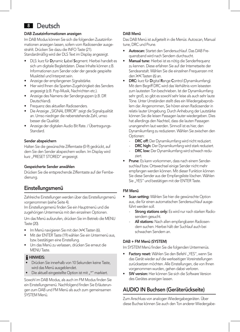 Deutsch, Einstellungsmenü, Audio in buchsen (geräterückseite) | AEG MC 4457 BT User Manual | Page 8 / 62