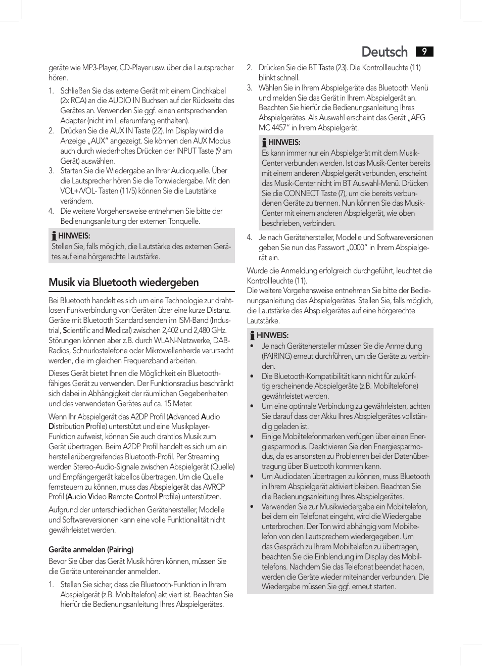 Deutsch, Musik via bluetooth wiedergeben | AEG MC 4457 BT User Manual | Page 9 / 62