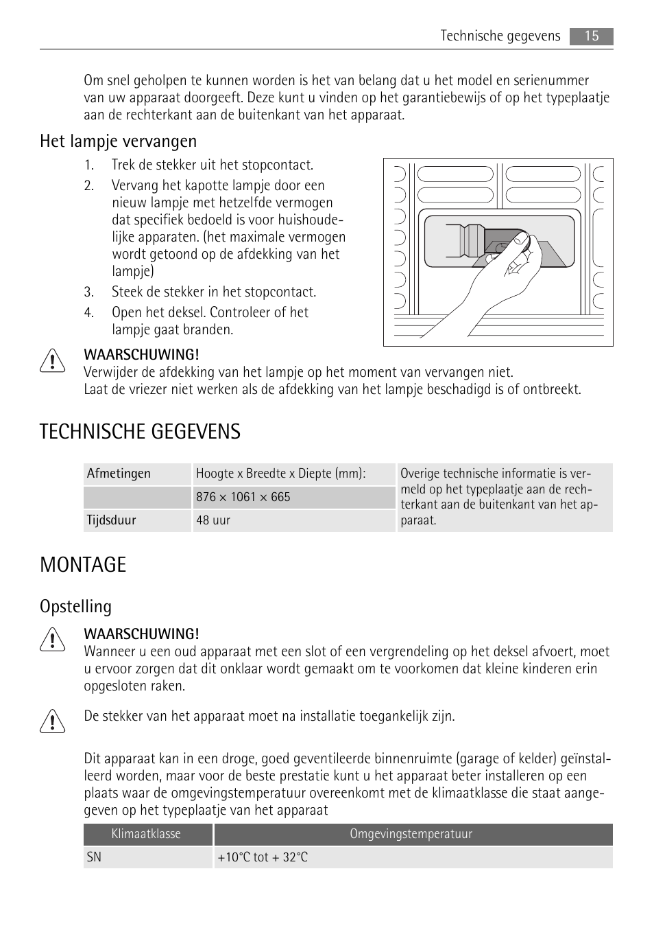 Technische gegevens, Montage, Het lampje vervangen | Opstelling | AEG A61900HLW0 User Manual | Page 15 / 72