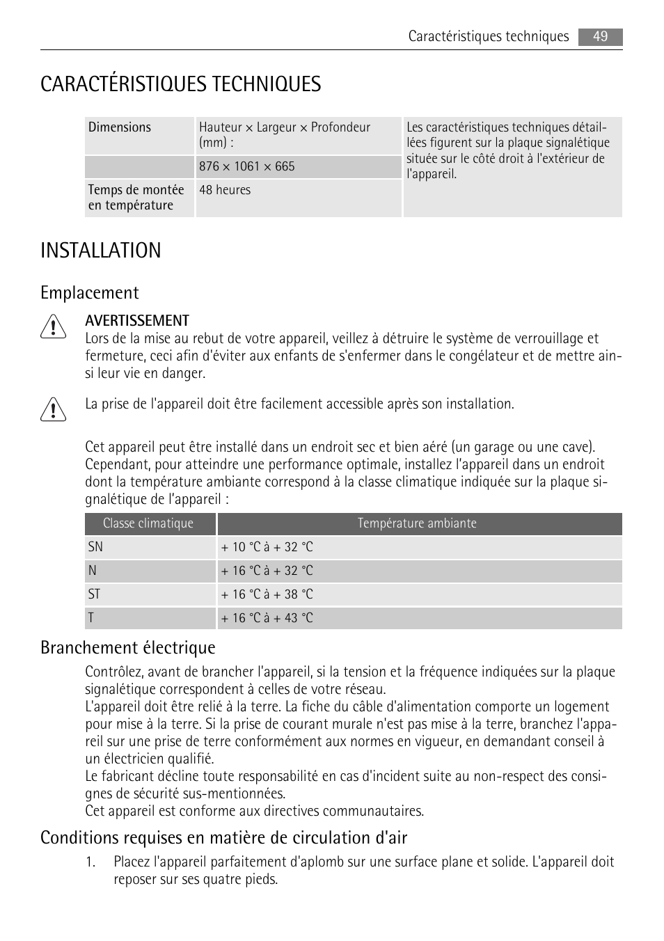 Caractéristiques techniques, Installation, Emplacement | Branchement électrique | AEG A61900HLW0 User Manual | Page 49 / 72