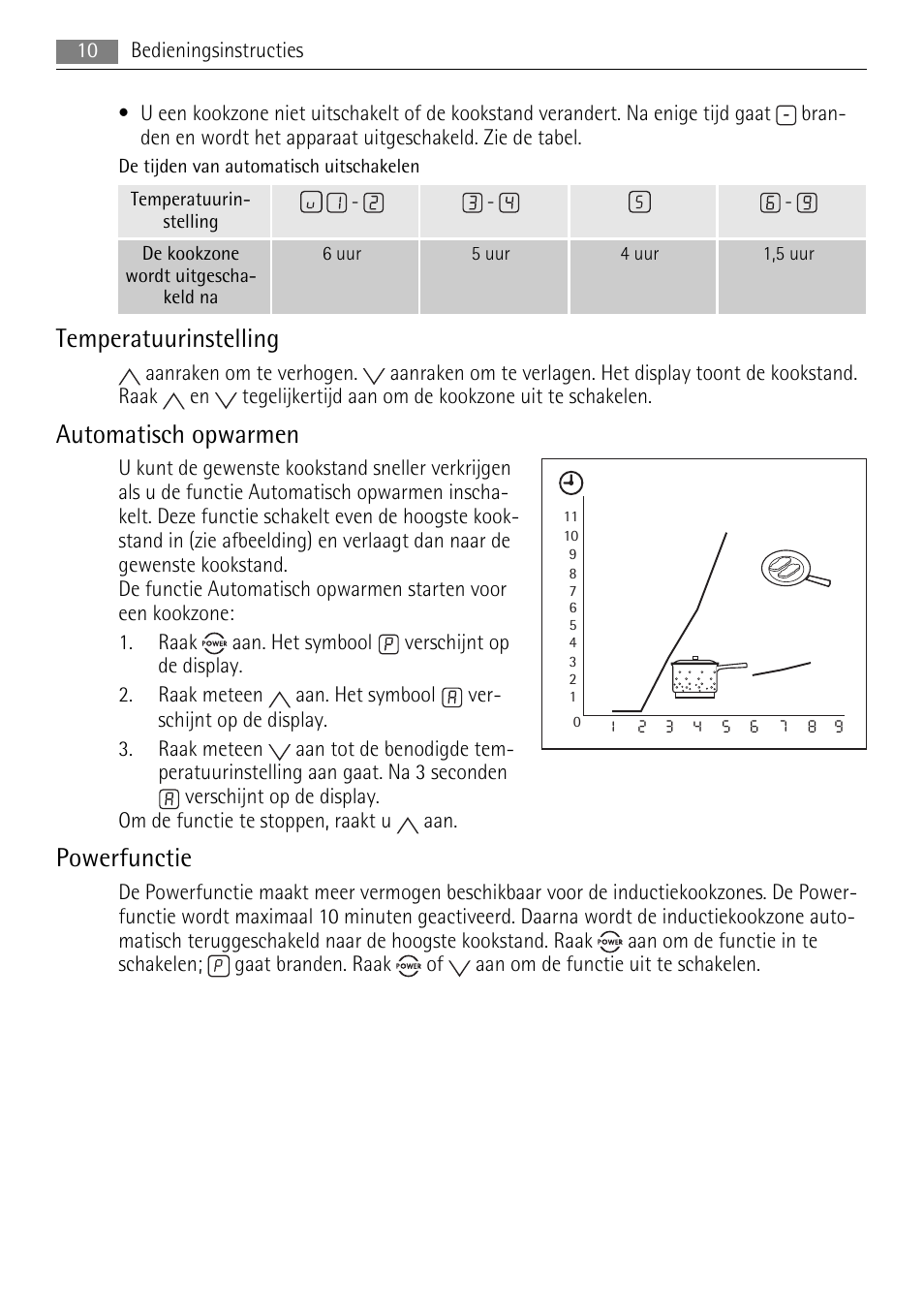 Temperatuurinstelling, Automatisch opwarmen, Powerfunctie | AEG HE634501XB User Manual | Page 10 / 76