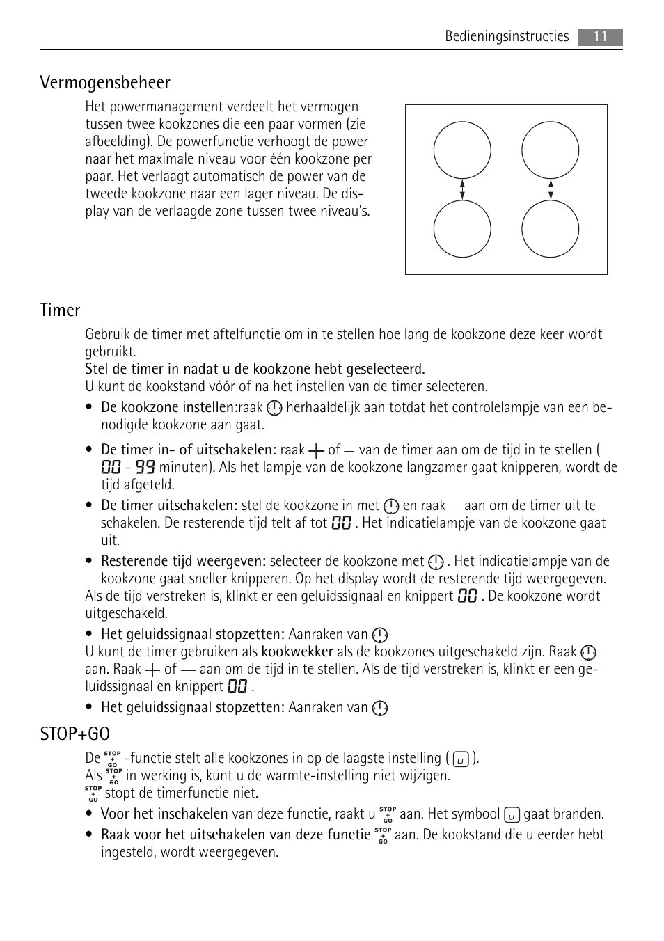 Vermogensbeheer, Timer, Stop+go | AEG HE634501XB User Manual | Page 11 / 76