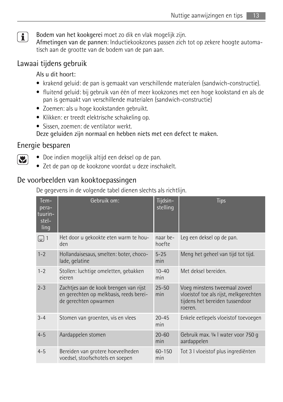 Lawaai tijdens gebruik, Energie besparen, De voorbeelden van kooktoepassingen | AEG HE634501XB User Manual | Page 13 / 76