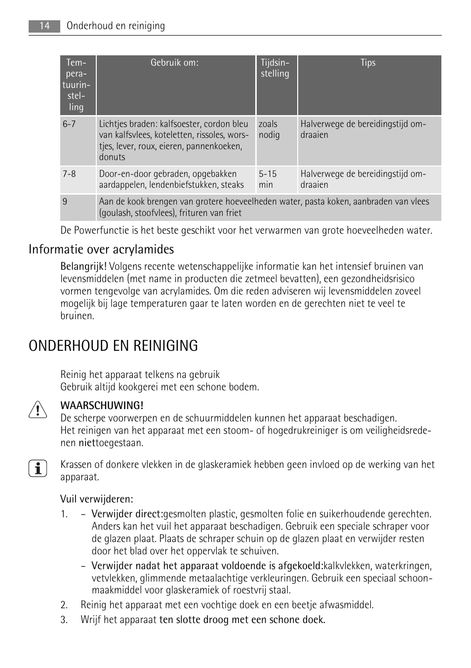 Onderhoud en reiniging, Informatie over acrylamides | AEG HE634501XB User Manual | Page 14 / 76