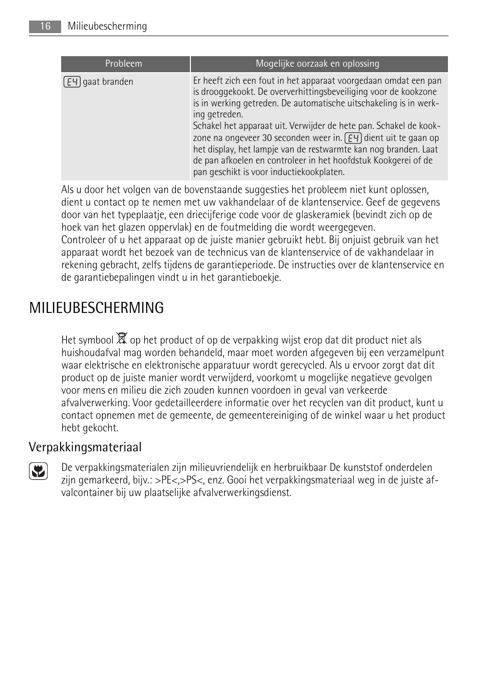 Milieubescherming, Verpakkingsmateriaal | AEG HE634501XB User Manual | Page 16 / 76