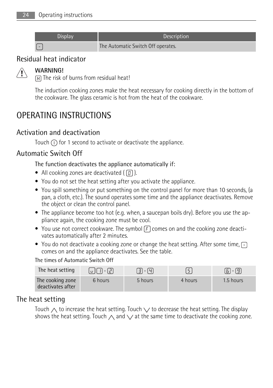 Operating instructions, Residual heat indicator, Activation and deactivation | Automatic switch off, The heat setting | AEG HE634501XB User Manual | Page 24 / 76