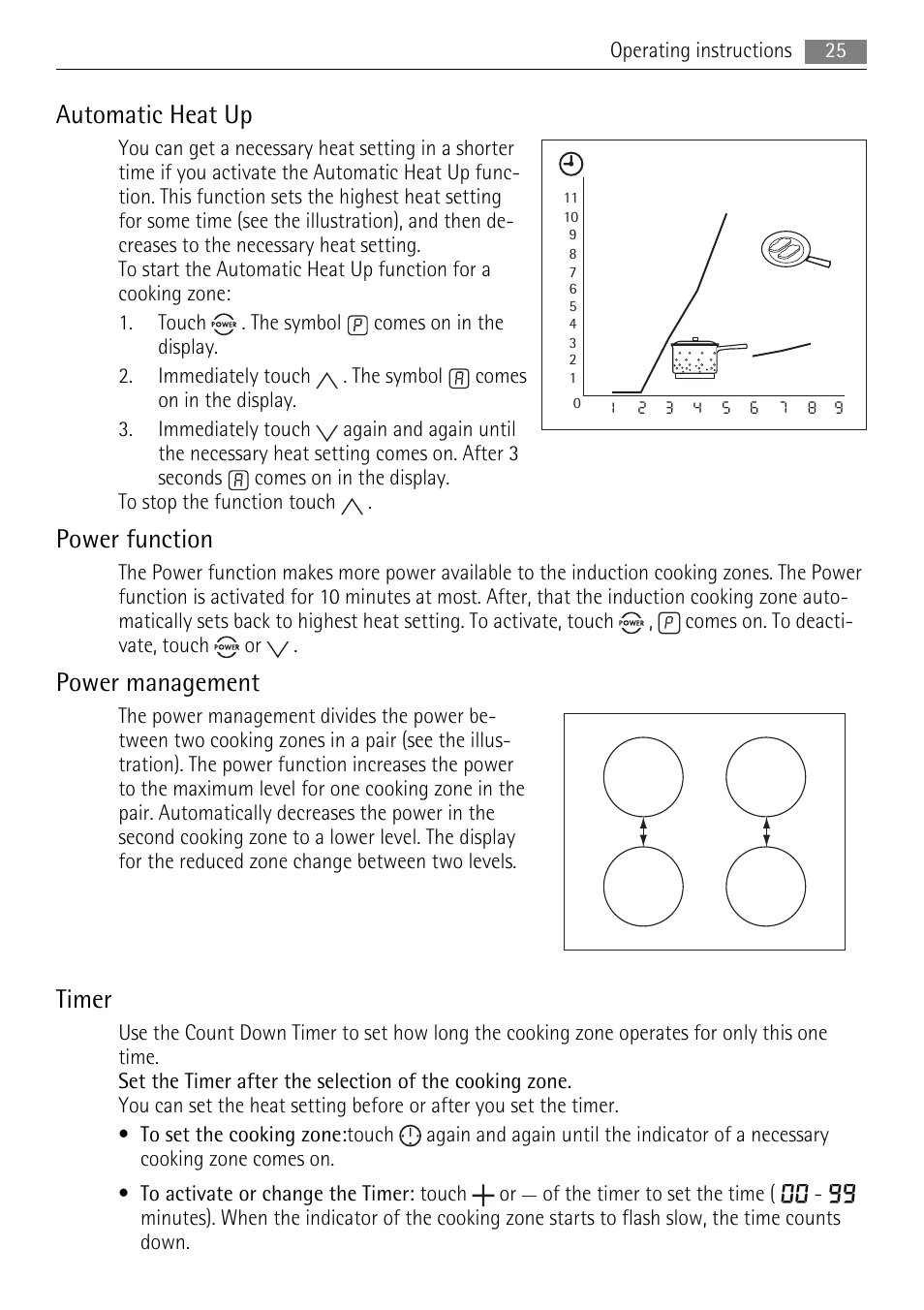 Automatic heat up, Power function, Power management | Timer | AEG HE634501XB User Manual | Page 25 / 76