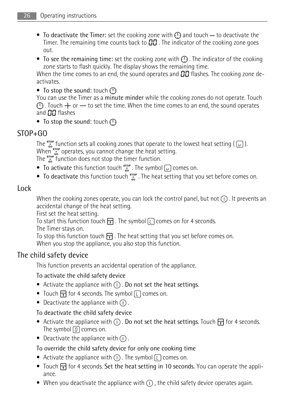 Stop+go, Lock, The child safety device | AEG HE634501XB User Manual | Page 26 / 76