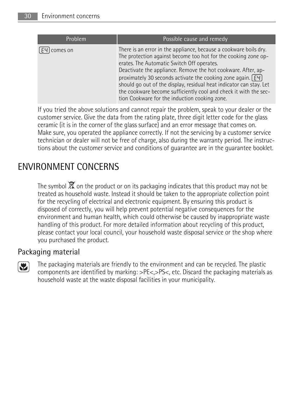 Environment concerns, Packaging material | AEG HE634501XB User Manual | Page 30 / 76