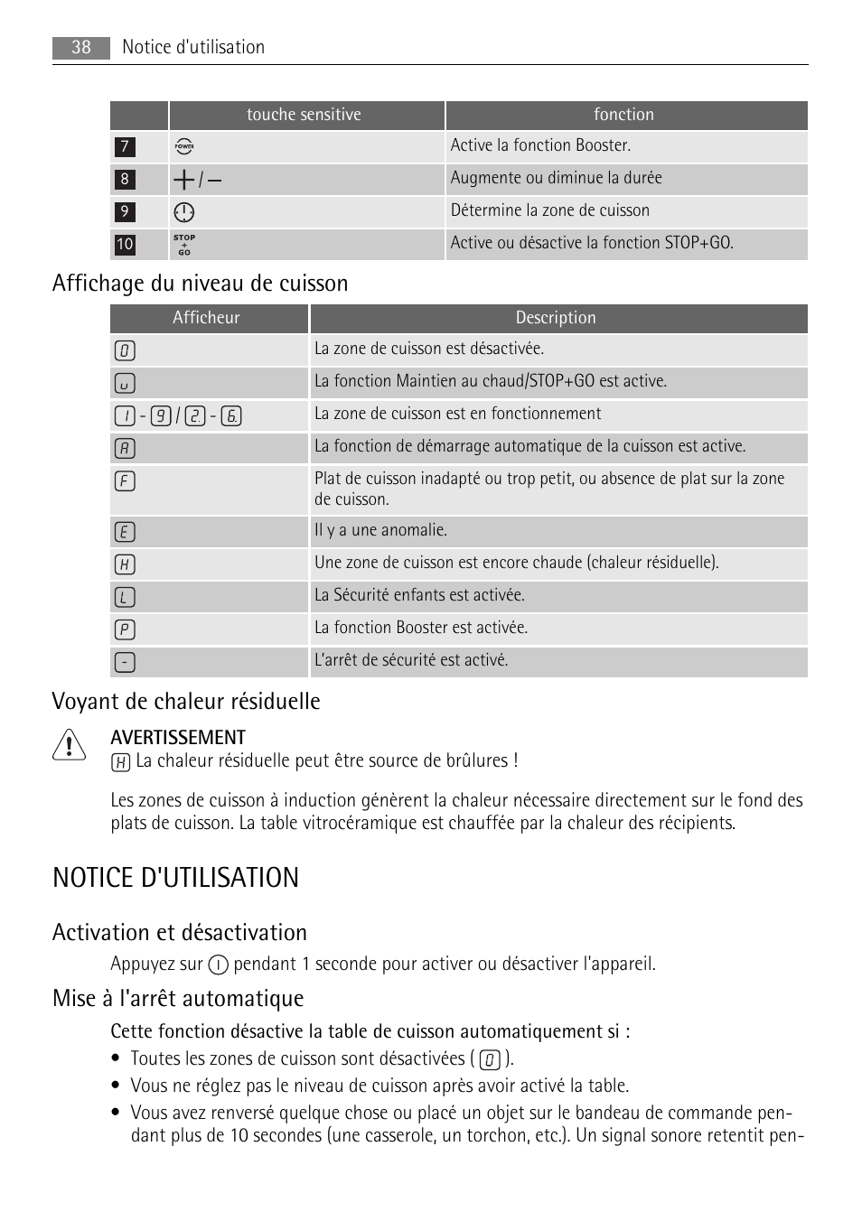Notice d'utilisation, Affichage du niveau de cuisson, Voyant de chaleur résiduelle | Activation et désactivation, Mise à l'arrêt automatique | AEG HE634501XB User Manual | Page 38 / 76