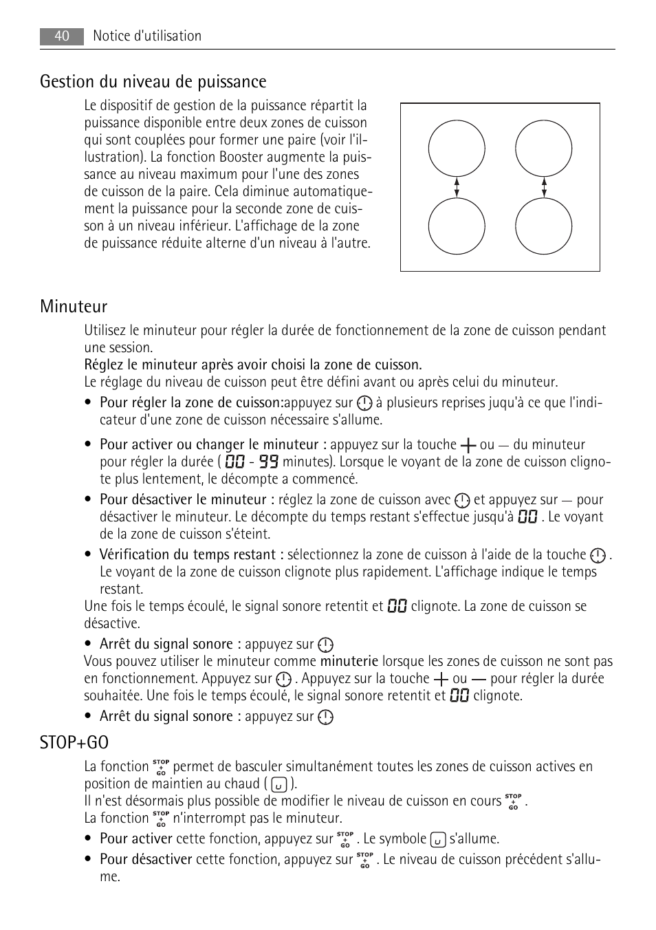 Gestion du niveau de puissance, Minuteur, Stop+go | AEG HE634501XB User Manual | Page 40 / 76