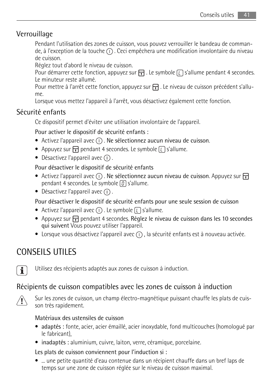 Conseils utiles, Verrouillage, Sécurité enfants | AEG HE634501XB User Manual | Page 41 / 76