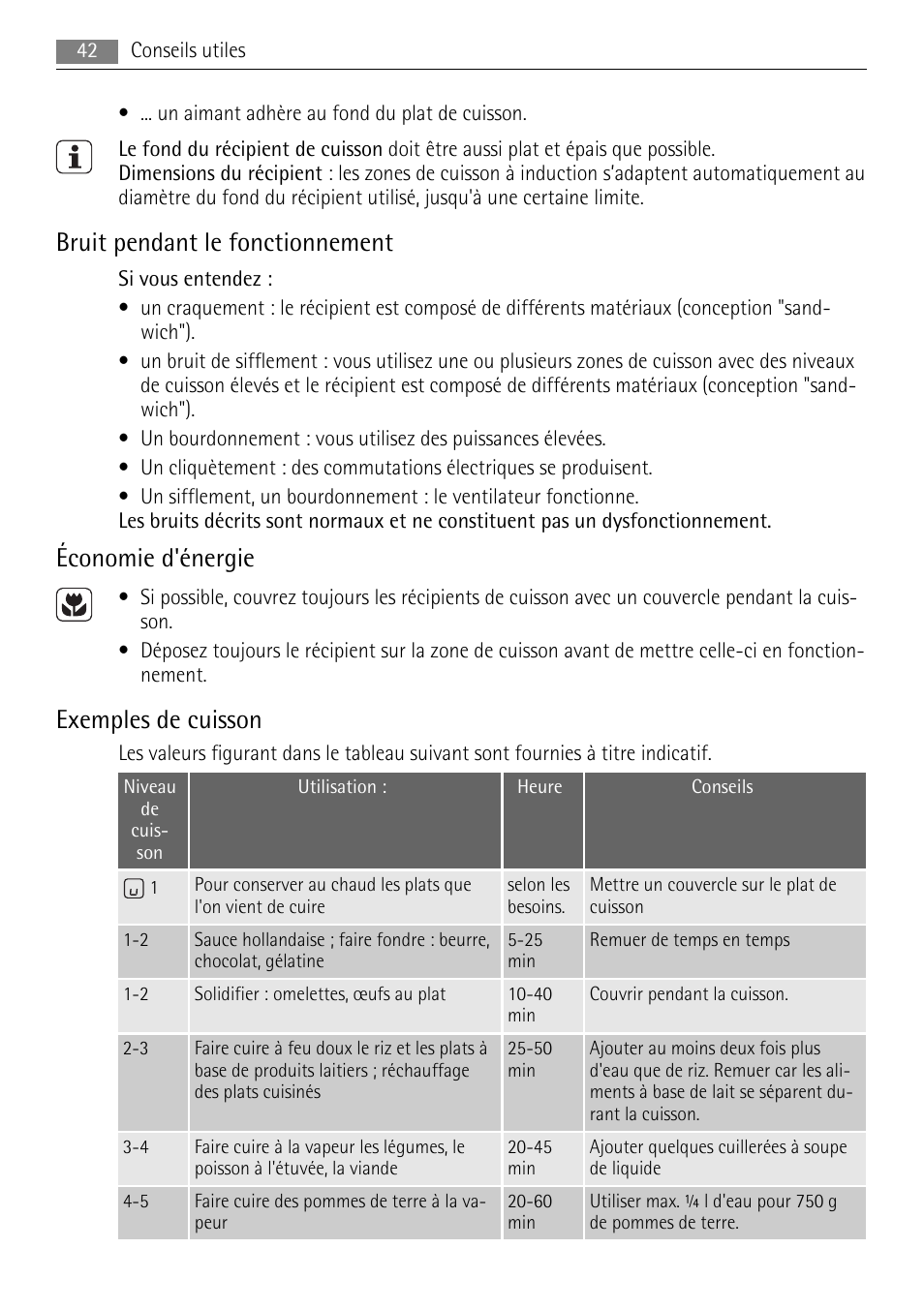 Bruit pendant le fonctionnement, Économie d'énergie, Exemples de cuisson | AEG HE634501XB User Manual | Page 42 / 76