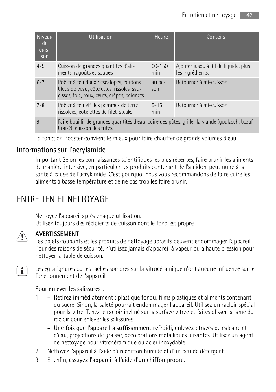 Entretien et nettoyage, Informations sur l'acrylamide | AEG HE634501XB User Manual | Page 43 / 76
