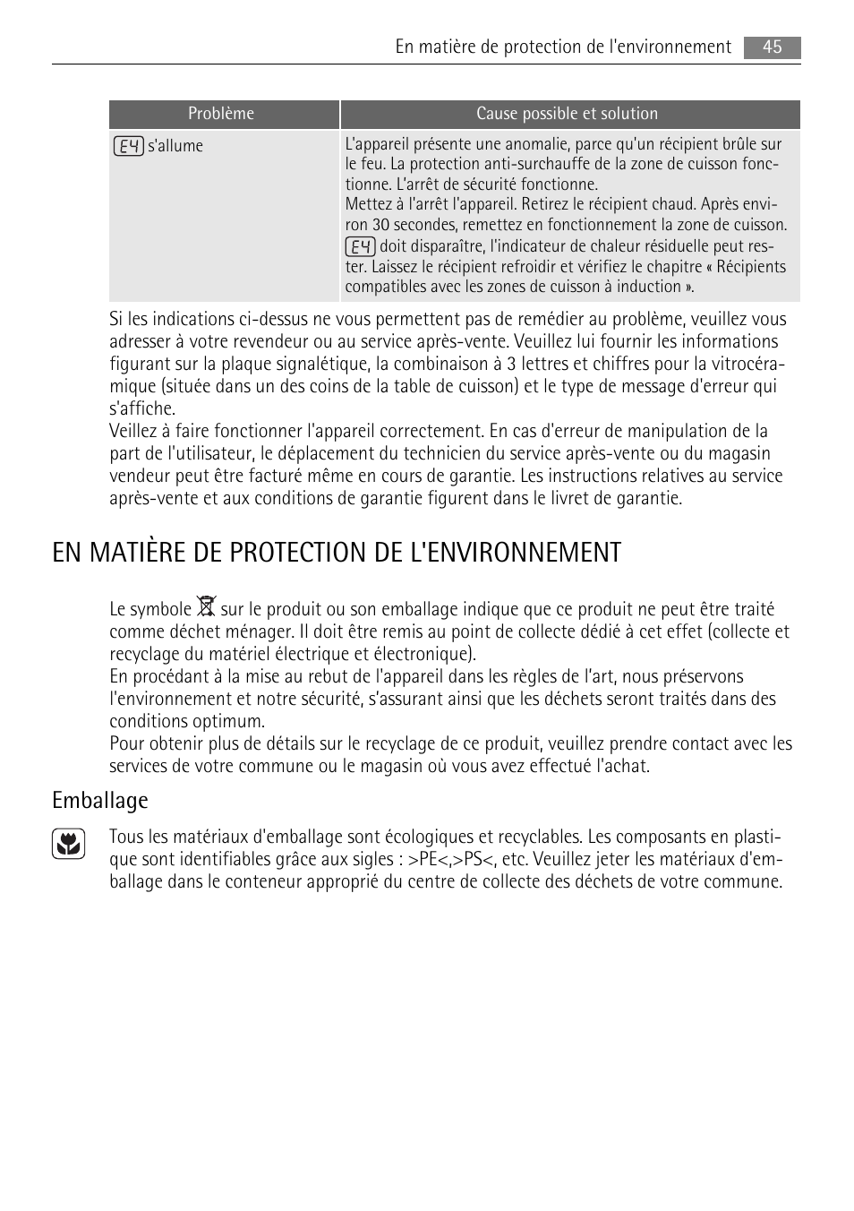 En matière de protection de l'environnement, Emballage | AEG HE634501XB User Manual | Page 45 / 76