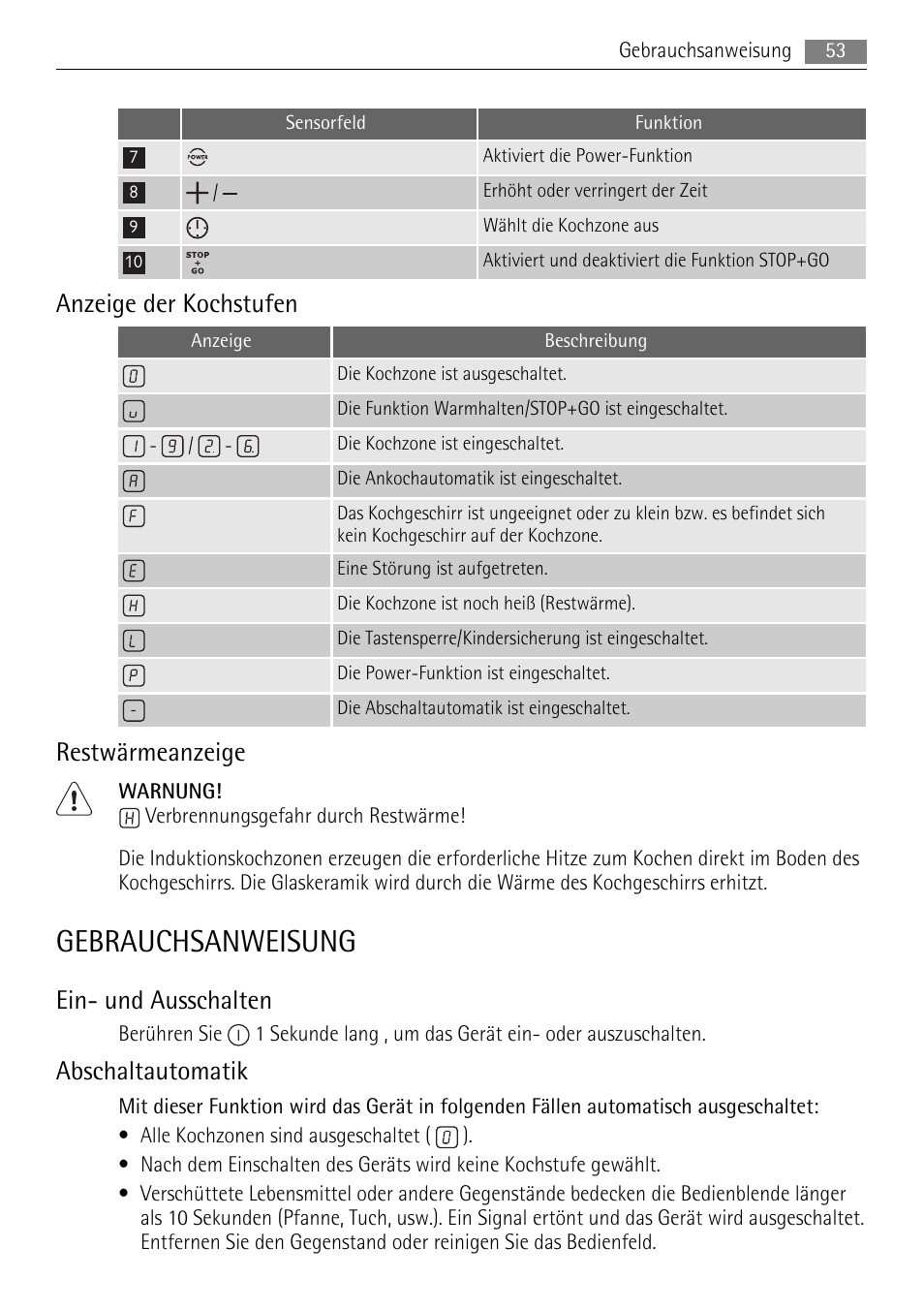 Gebrauchsanweisung, Anzeige der kochstufen, Restwärmeanzeige | Ein- und ausschalten, Abschaltautomatik | AEG HE634501XB User Manual | Page 53 / 76