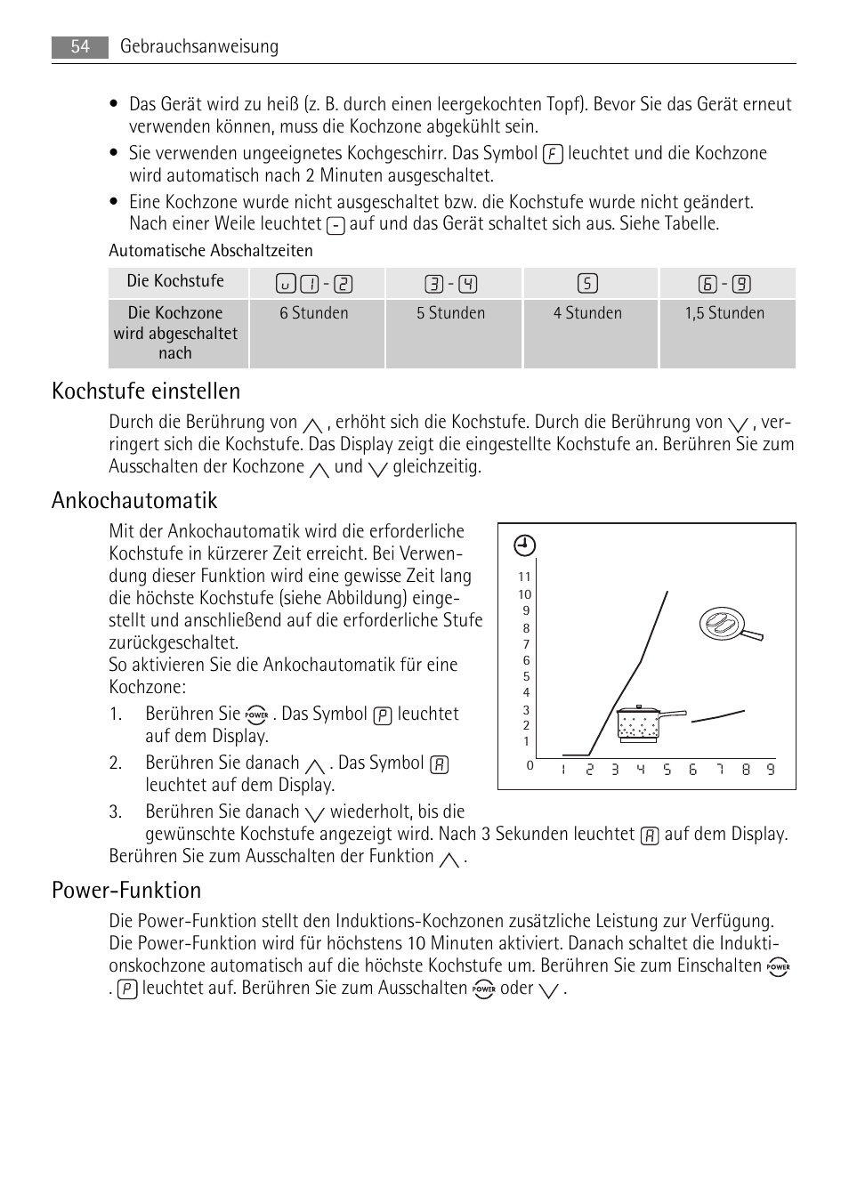 Kochstufe einstellen, Ankochautomatik, Power-funktion | AEG HE634501XB User Manual | Page 54 / 76