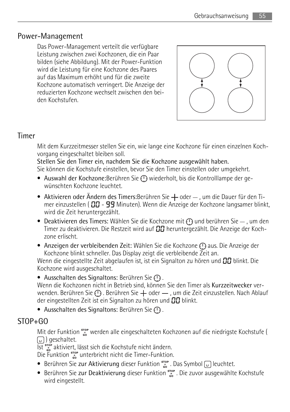 Power-management, Timer, Stop+go | AEG HE634501XB User Manual | Page 55 / 76