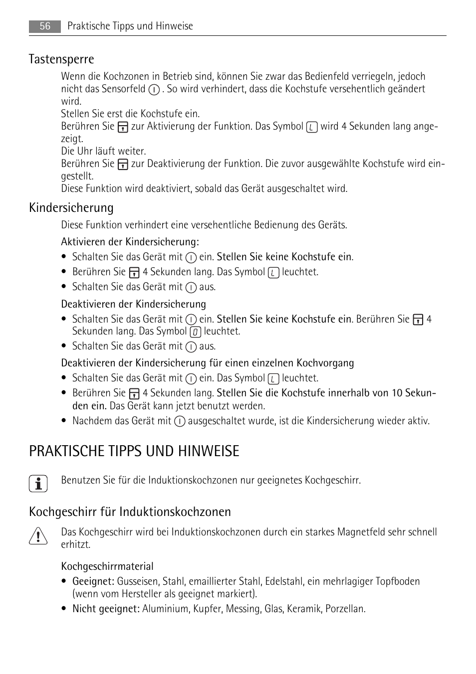 Praktische tipps und hinweise, Tastensperre, Kindersicherung | Kochgeschirr für induktionskochzonen | AEG HE634501XB User Manual | Page 56 / 76