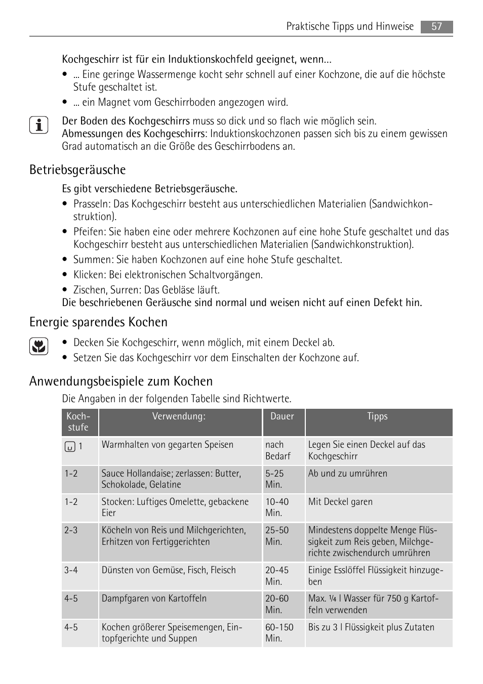 Betriebsgeräusche, Energie sparendes kochen, Anwendungsbeispiele zum kochen | AEG HE634501XB User Manual | Page 57 / 76