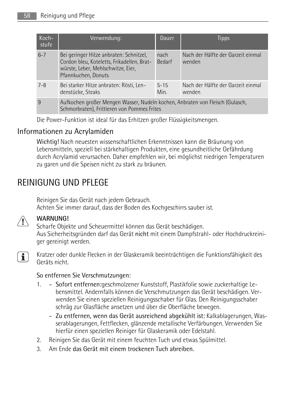 Reinigung und pflege, Informationen zu acrylamiden | AEG HE634501XB User Manual | Page 58 / 76