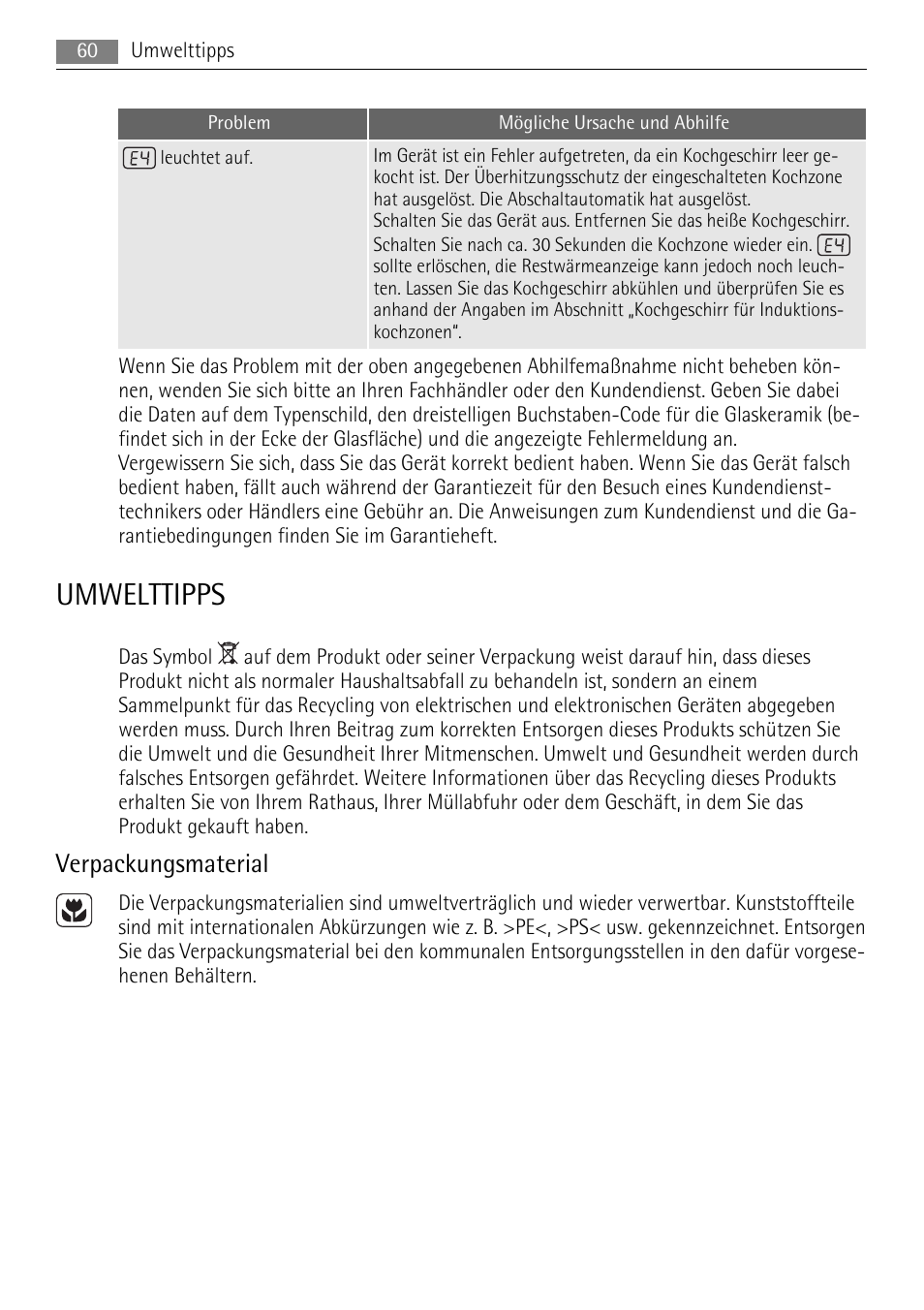 Umwelttipps, Verpackungsmaterial | AEG HE634501XB User Manual | Page 60 / 76