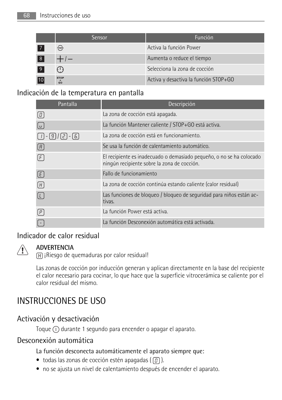 Instrucciones de uso, Indicación de la temperatura en pantalla, Indicador de calor residual | Activación y desactivación, Desconexión automática | AEG HE634501XB User Manual | Page 68 / 76
