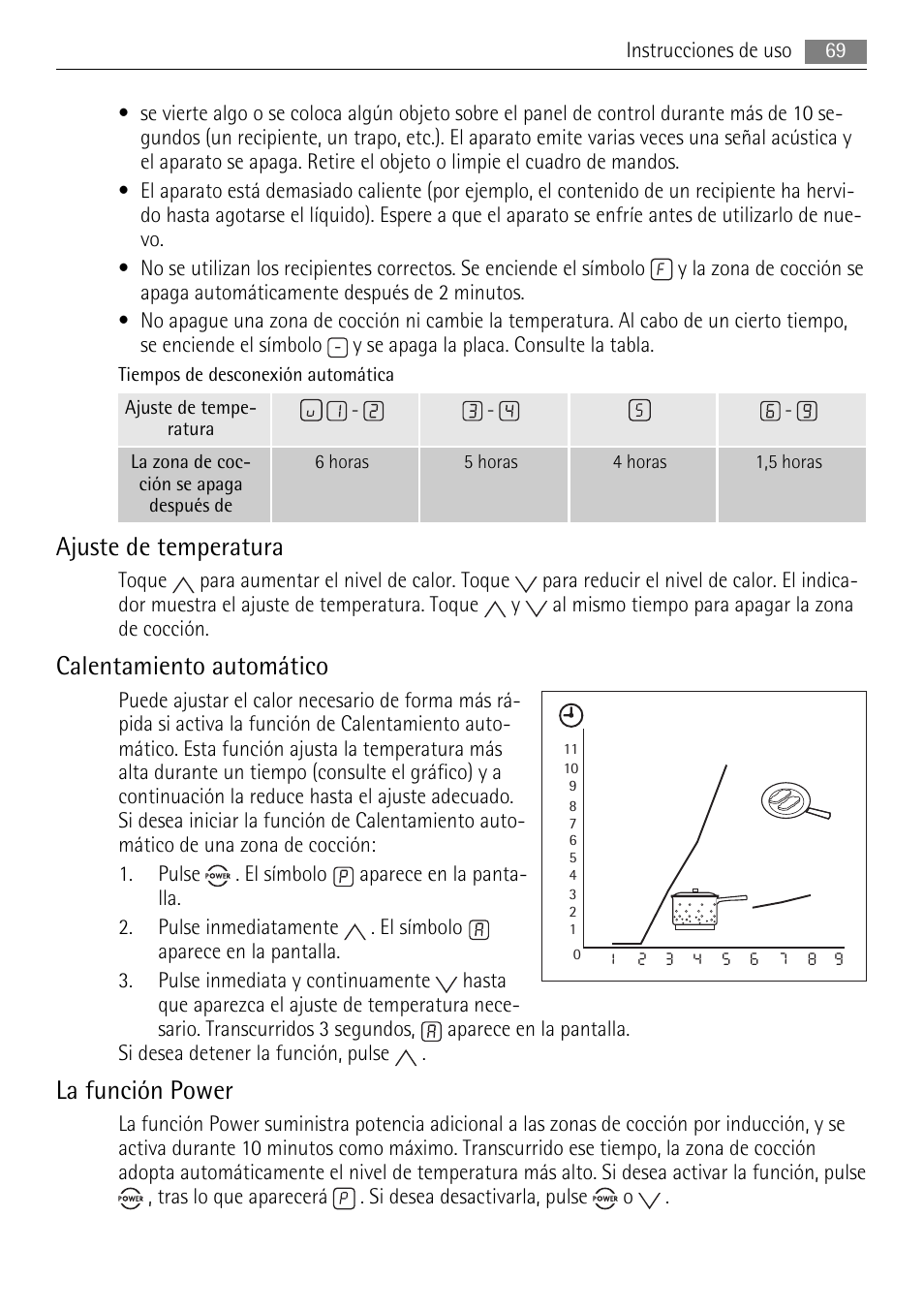 Ajuste de temperatura, Calentamiento automático, La función power | AEG HE634501XB User Manual | Page 69 / 76