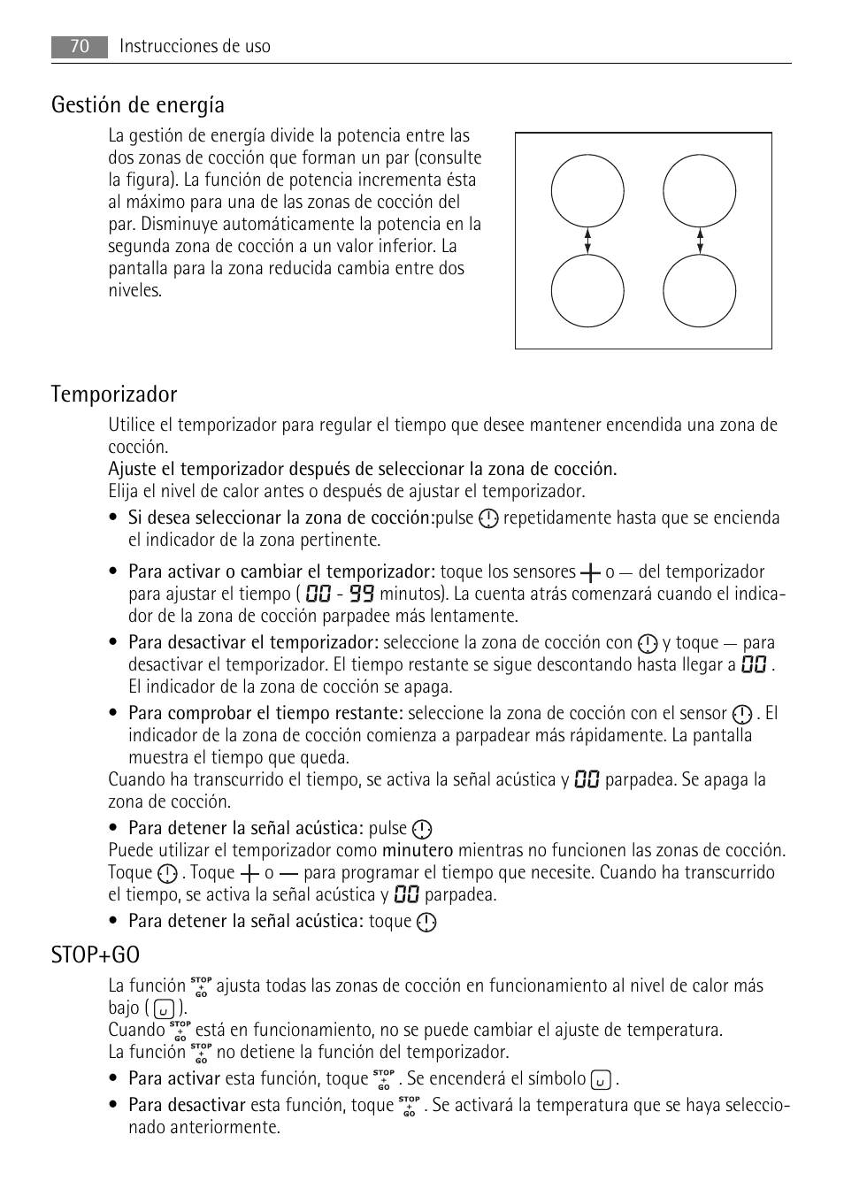 Gestión de energía, Temporizador, Stop+go | AEG HE634501XB User Manual | Page 70 / 76