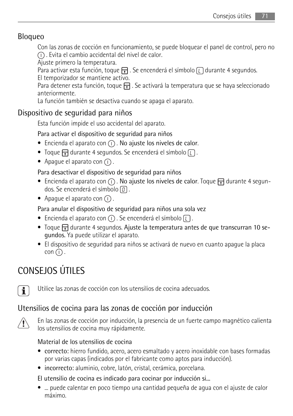 Consejos útiles, Bloqueo, Dispositivo de seguridad para niños | AEG HE634501XB User Manual | Page 71 / 76