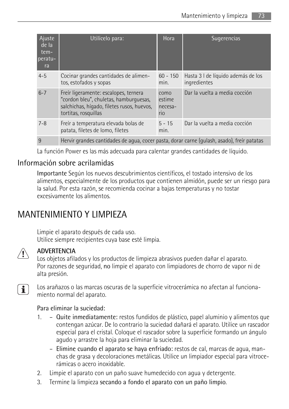 Mantenimiento y limpieza, Información sobre acrilamidas | AEG HE634501XB User Manual | Page 73 / 76