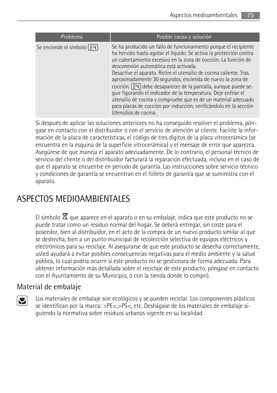 Aspectos medioambientales, Material de embalaje | AEG HE634501XB User Manual | Page 75 / 76