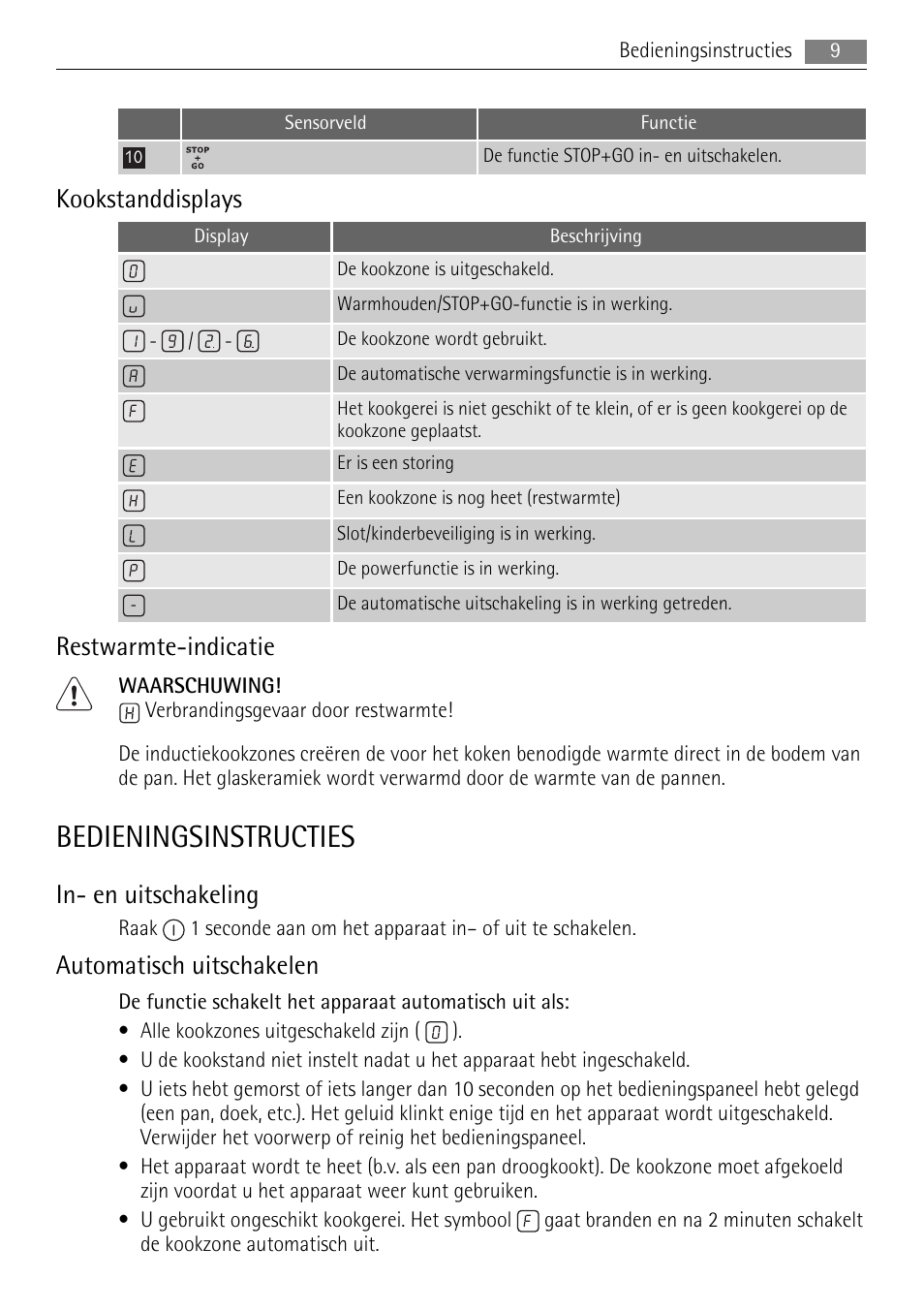 Bedieningsinstructies, Kookstanddisplays, Restwarmte-indicatie | In- en uitschakeling, Automatisch uitschakelen | AEG HE634501XB User Manual | Page 9 / 76