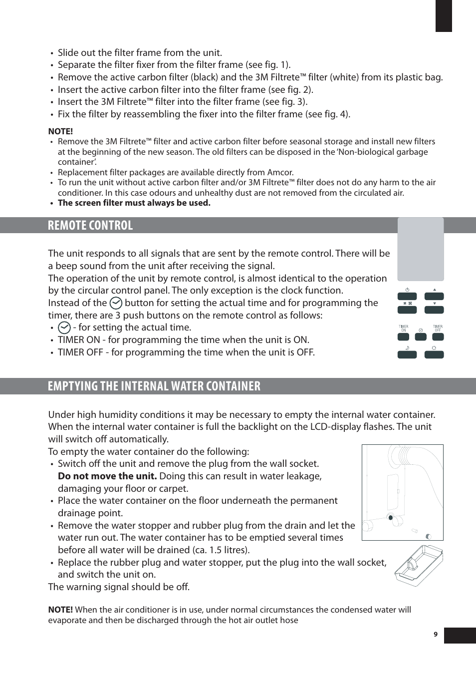 Remote control, Emptying the internal water container | Amcor PLM 15000E User Manual | Page 9 / 12