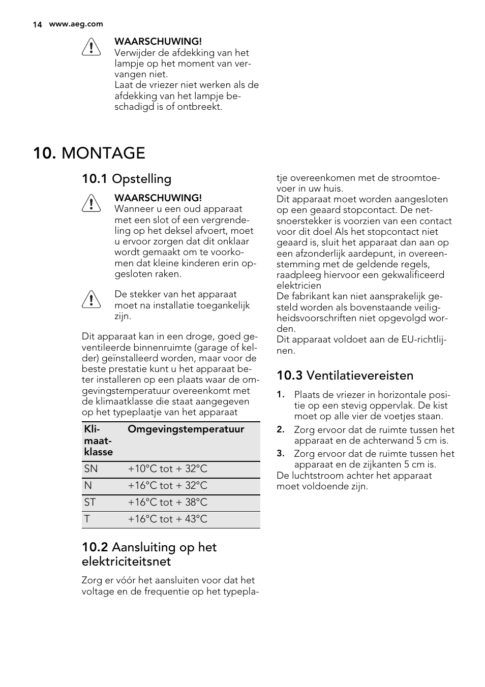 Montage, 1 opstelling, 2 aansluiting op het elektriciteitsnet | 3 ventilatievereisten | AEG A62700HLW0 User Manual | Page 14 / 64