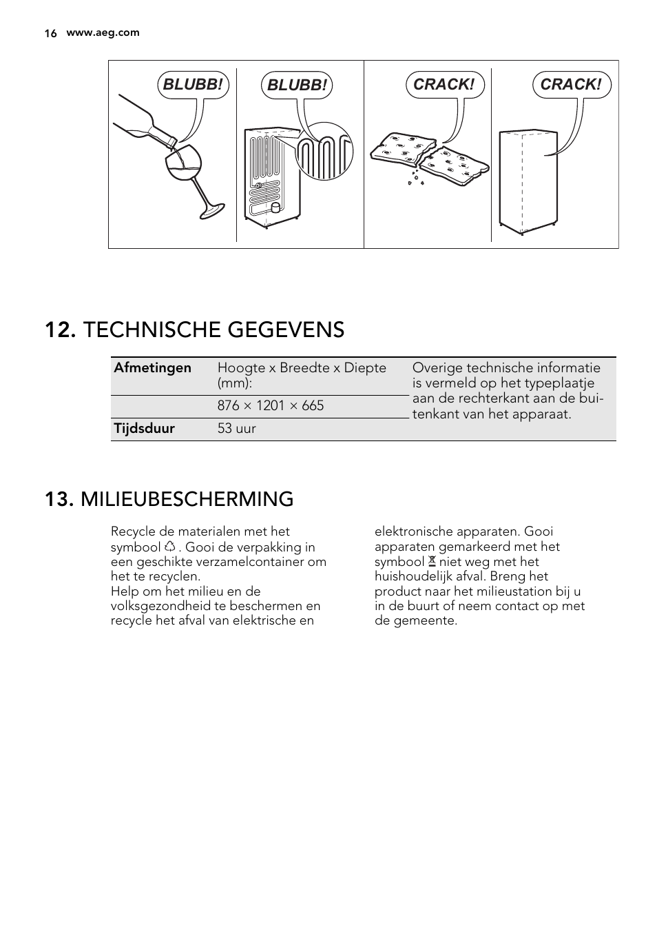 Technische gegevens, Milieubescherming | AEG A62700HLW0 User Manual | Page 16 / 64