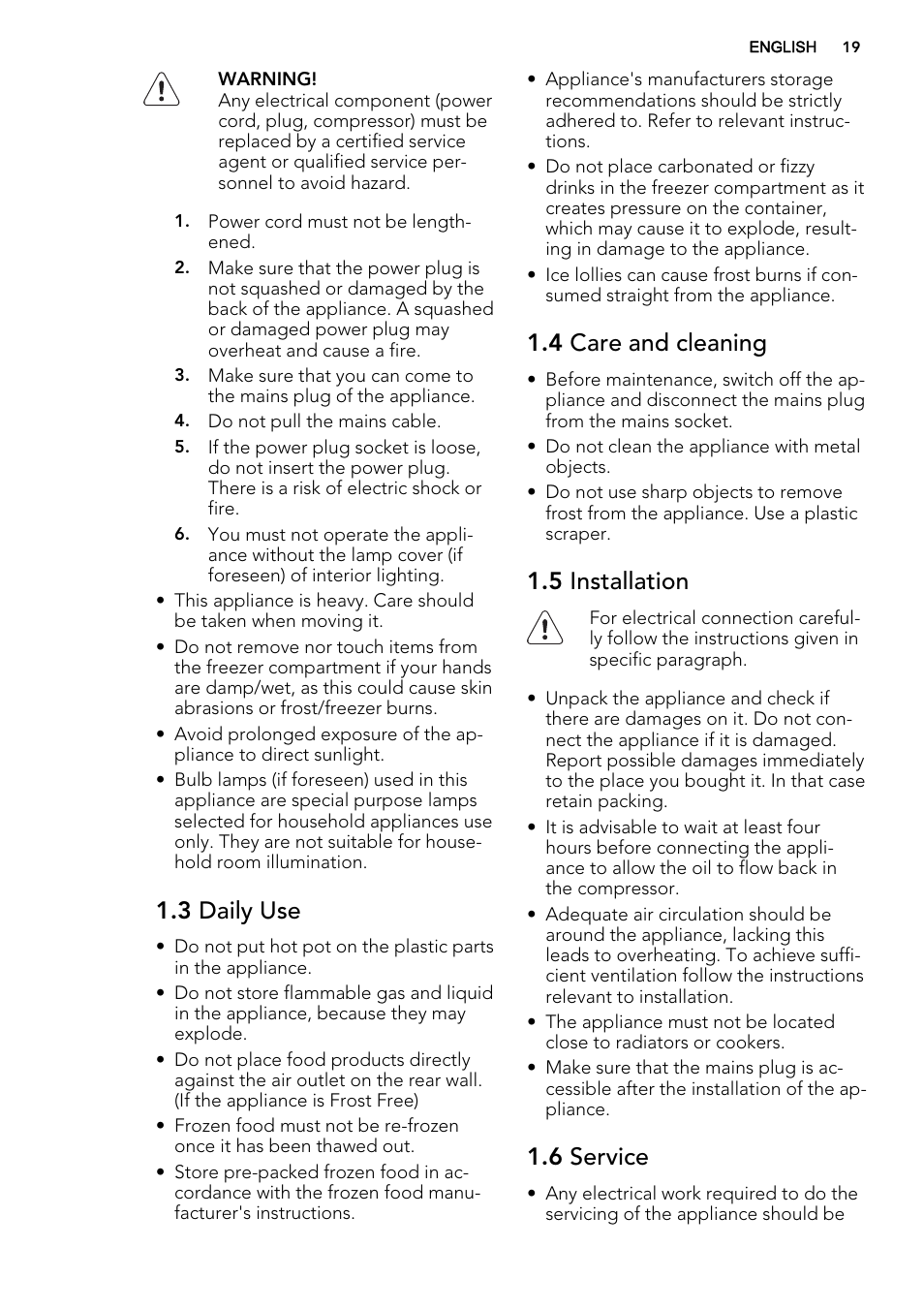 3 daily use, 4 care and cleaning, 5 installation | 6 service | AEG A62700HLW0 User Manual | Page 19 / 64