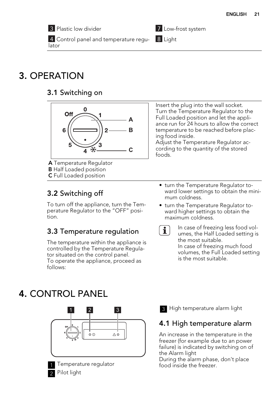 Operation, Control panel, 1 switching on | 2 switching off, 3 temperature regulation, 1 high temperature alarm | AEG A62700HLW0 User Manual | Page 21 / 64
