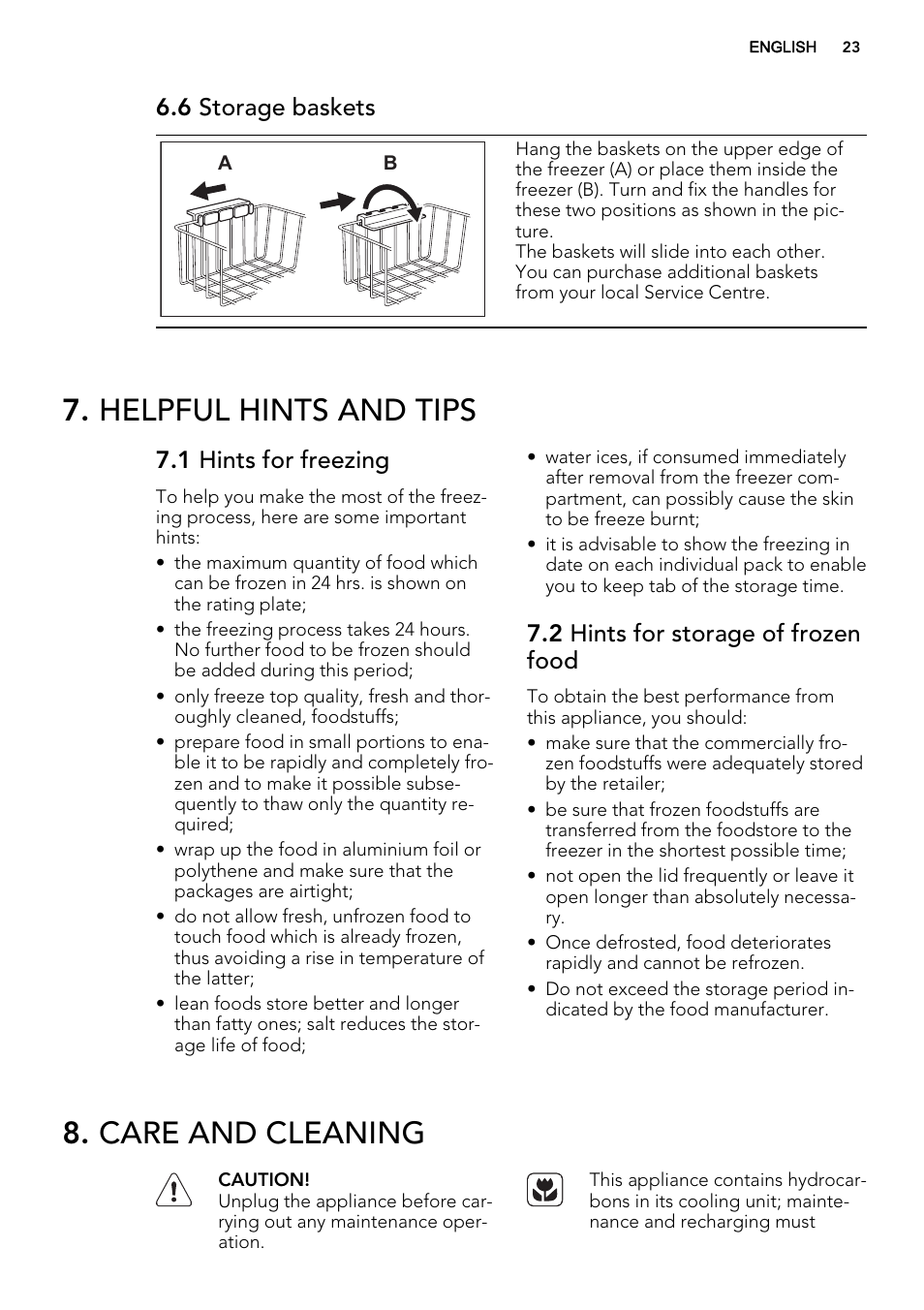 Helpful hints and tips, Care and cleaning, 6 storage baskets | 1 hints for freezing, 2 hints for storage of frozen food | AEG A62700HLW0 User Manual | Page 23 / 64