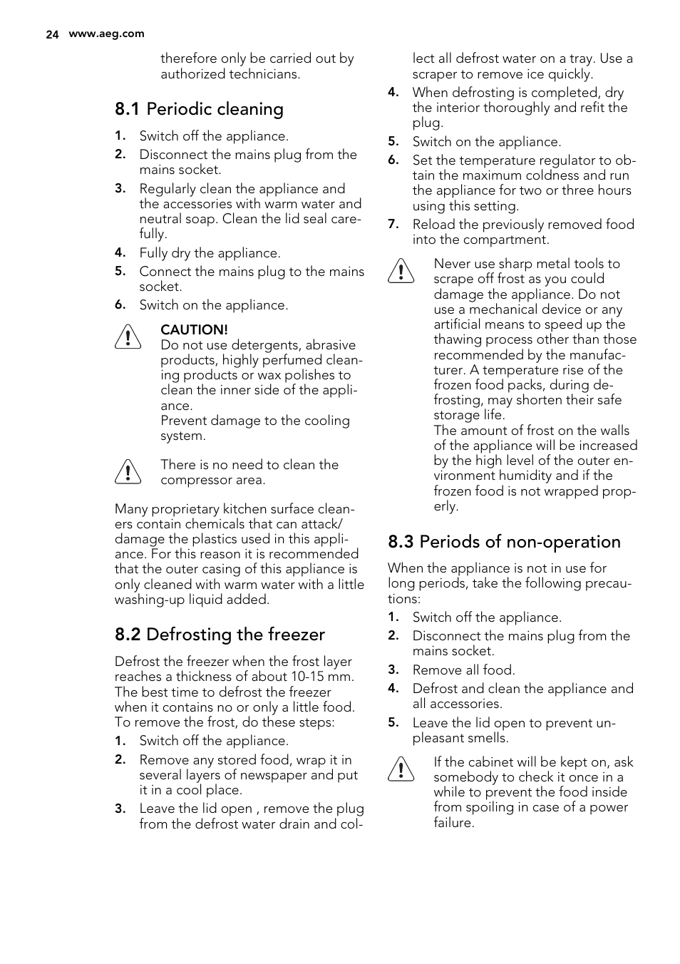 1 periodic cleaning, 2 defrosting the freezer, 3 periods of non-operation | AEG A62700HLW0 User Manual | Page 24 / 64