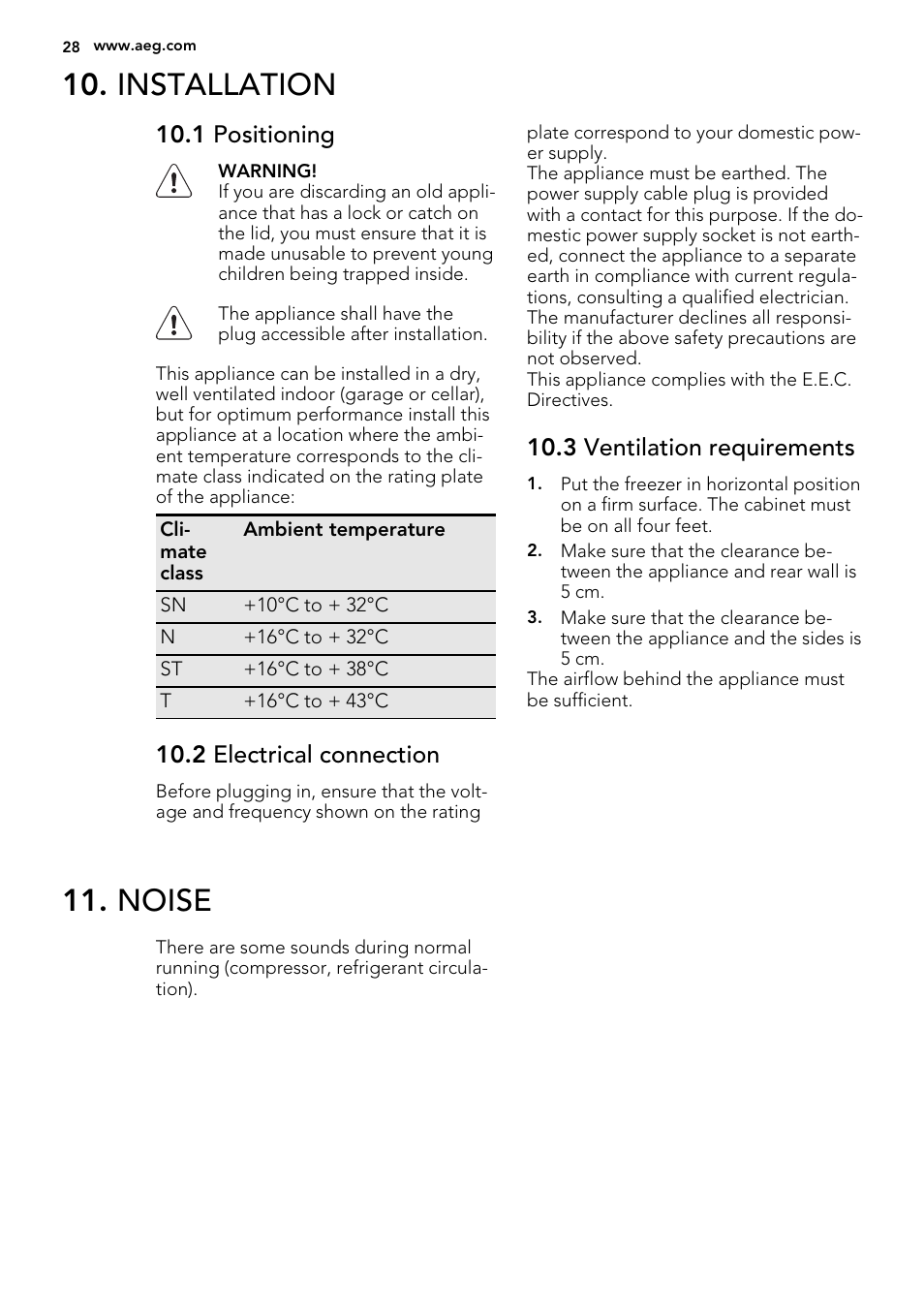 Installation, Noise, 1 positioning | 2 electrical connection, 3 ventilation requirements | AEG A62700HLW0 User Manual | Page 28 / 64